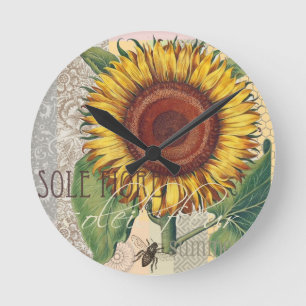 Horloge Ronde Tournesol Art de motif de fleur de Damas vintage