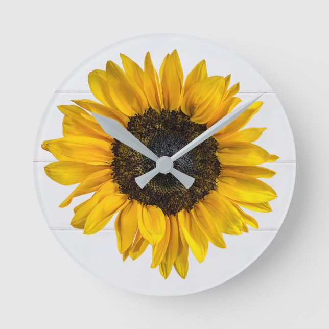 Horloge Ronde tournesol jaune sur bois (Recto)