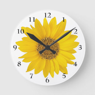 Horloge Ronde Tournesol jaune vif sur floral blanc