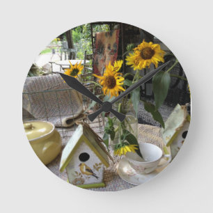 Horloge Ronde Tournesols et maison d'oiseau Affichage complet d'