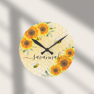Horloge Ronde Tournesols jaunes abeilles monogramme rustique scr