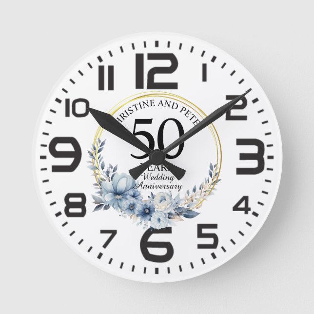 Horloge Ronde Toute élégante mariage (50) Bleu Floral Anniversai (Recto)
