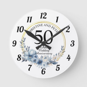 Horloge Ronde Toute élégante mariage (50) florale bleue Annivers