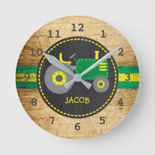 Horloge Ronde Tracteur vert rustique Faux Wood