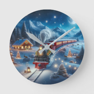 Horloge Ronde Train de Noël magique dans un paysage enneigé