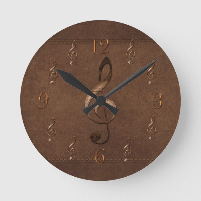 Horloge Ronde Treble Clef Music-themed Faux Leather Wall Clock (Recto)