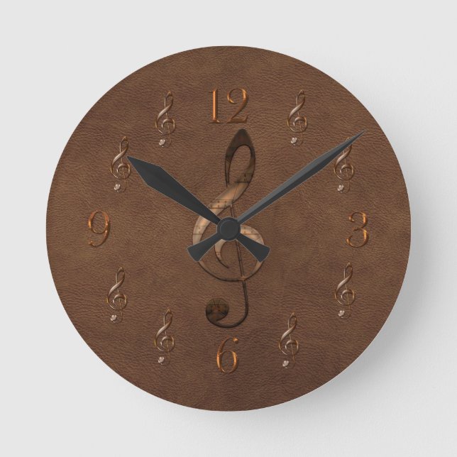 Horloge Ronde Treble Clef Music-themed Faux Leather Wall Clock (Recto)
