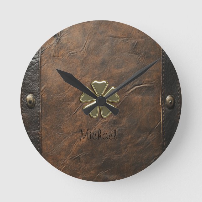 Horloge Ronde Trèfle doré Saint-Patrick, Cuir marron (Recto)