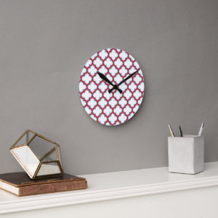 Horloge Ronde Trellis blanc et rouge, treillis, Quatrefoil