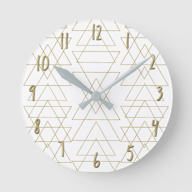 Horloge Ronde Triangles Dorés Chic Blanc Glamour Moderne (Recto)