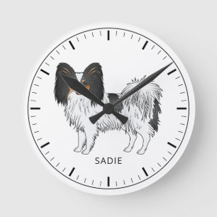 Horloge Ronde Tricolor Papillon Toy Spaniel Dog Et Texte Personn