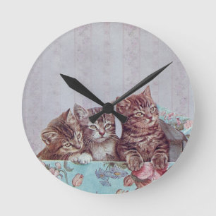 Horloge Ronde Trio vintage de chatons mignons en boîte