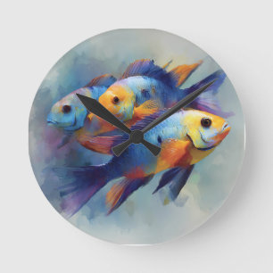 Horloge Ronde Triptyque de toile murale d'art avec poissons trop