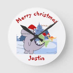 Horloge Ronde trois dinosaures cadeau de noël, nom personnalisé