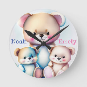 Horloge Ronde trois ours - aquarelle pour enfants
