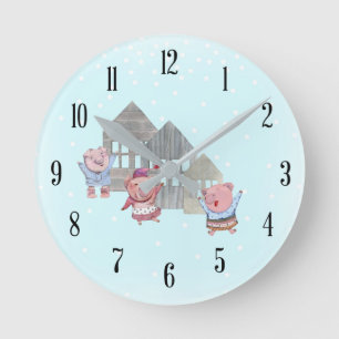 Horloge Ronde Trois petits cochons avec leurs maisons