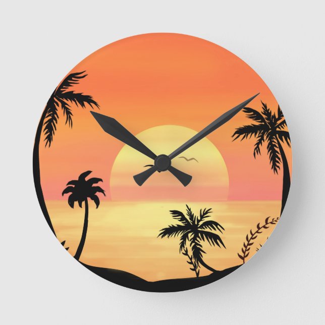 Horloge Ronde Tropical Beach Sunset Palm Tree Silhouette Art (Recto)