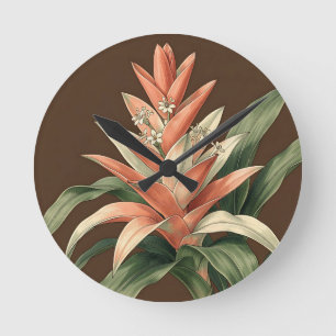 Horloge Ronde Tropical Coral Broméliade Botanique