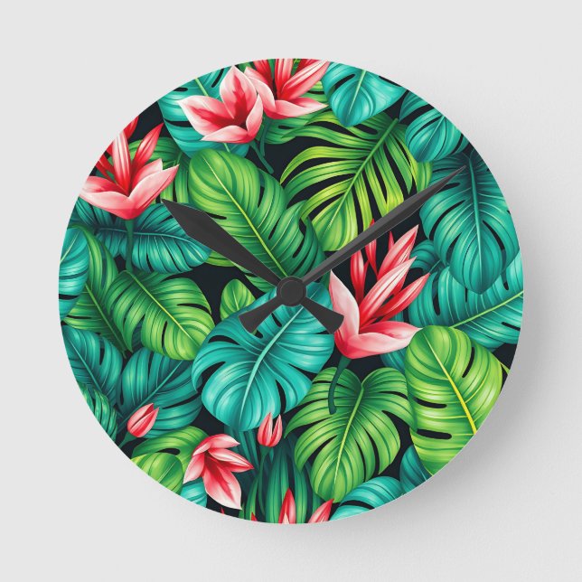 Horloge Ronde Tropical Monstera Heliconia Jungle Pattern (Recto)