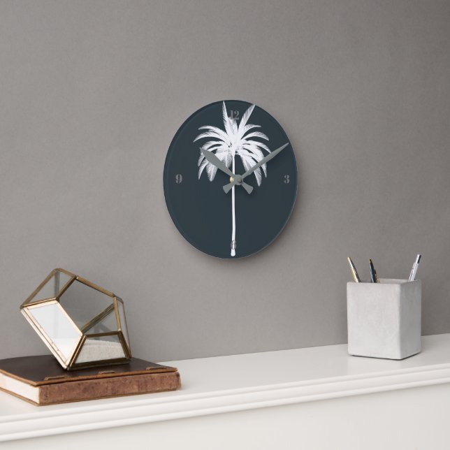 Horloge Ronde Tropical Palm Tree Grey Élégant Moderne (Bureau)