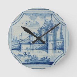Horloge Ronde Tuile de Delft montrant un pont-levis au-dessus