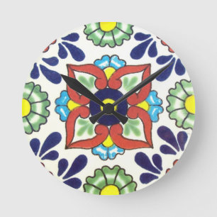 Horloge Ronde Tuiles Talavera mexicaines (rouge, vert, jaune, bl