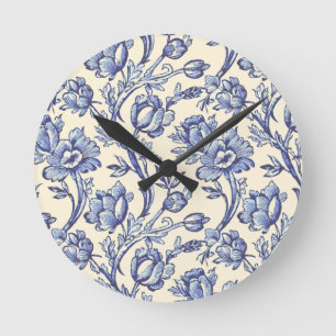 Horloge Ronde Tulipes bleues et crème Toile à la française Décor