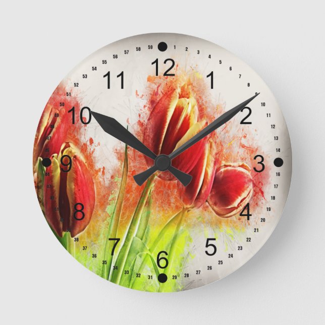 Horloge Ronde Tulipes florales rouges jaunes éclaboussées à l'aq (Recto)