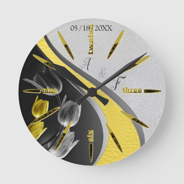 Horloge Ronde Tulipes gris et jaune sur la texture. (Recto)
