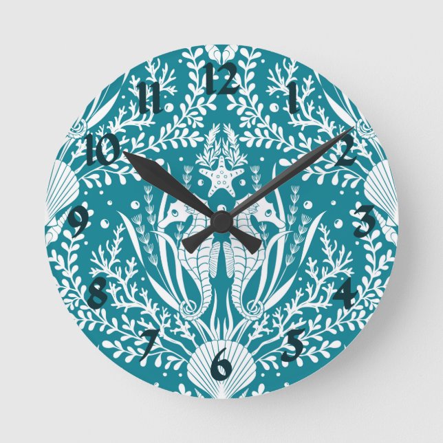 Horloge Ronde Turquoise Bleu Blanc Hippocampe Océan Vie marine C (Recto)