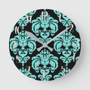 Horloge Ronde Turquoise Bleu Vert & Noir Damassé Moderne Personn