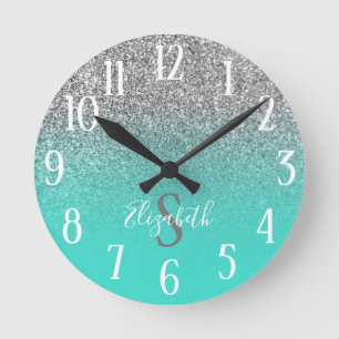 Horloge Ronde Turquoise et paillettes d'argent ombré monogrammé