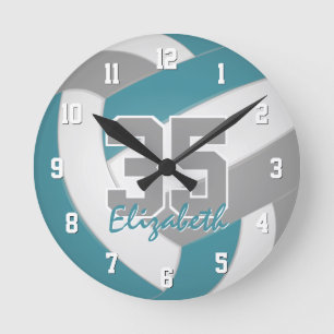 Horloge Ronde turquoise gris sportif volley-ball personnalisé