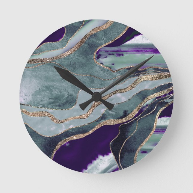 Horloge Ronde Turquoise marbre violet Agate or Parties scintilla (Recto)
