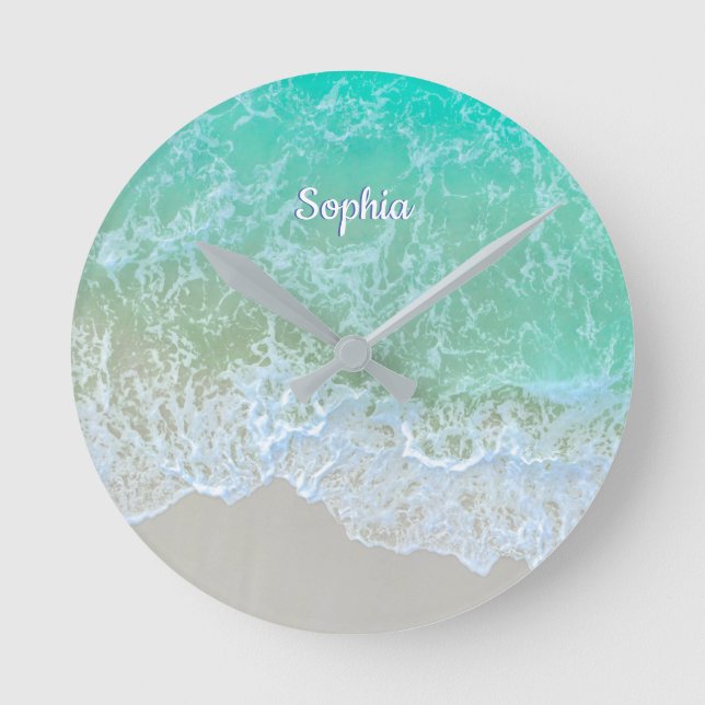Horloge Ronde Turquoise Ocean Wave, Personalize Nom ou Monogram (Recto)