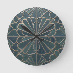 Horloge Ronde Turquoise Or Fan Pattern Art Déco Géométrique