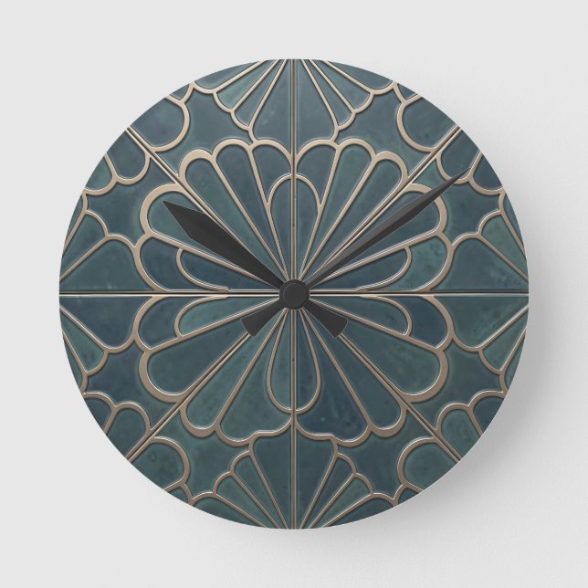 Horloge Ronde Turquoise Or Fan Pattern Art Déco Géométrique (Recto)