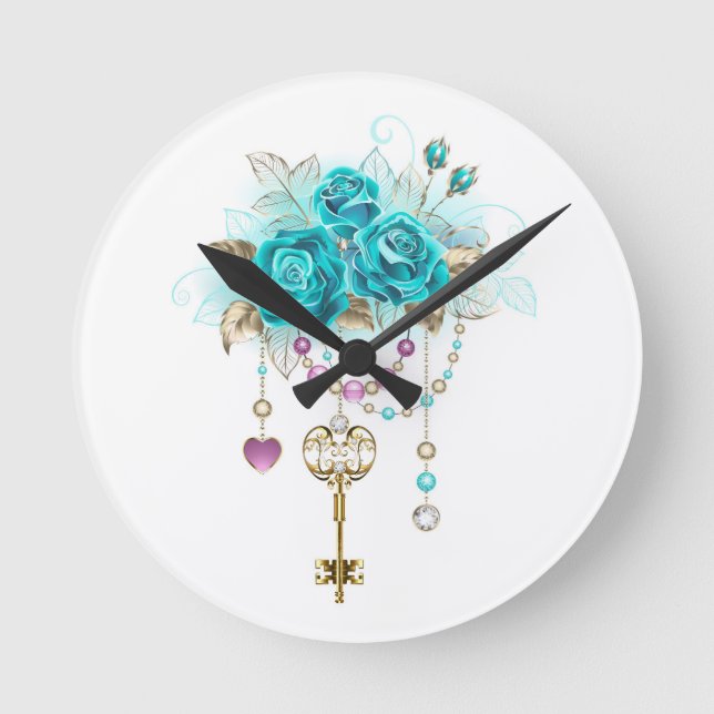 Horloge Ronde Turquoise Roses with Keys (Recto)