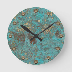 Horloge Ronde Turquoise Teal & Gold Copper Vintage Antique
