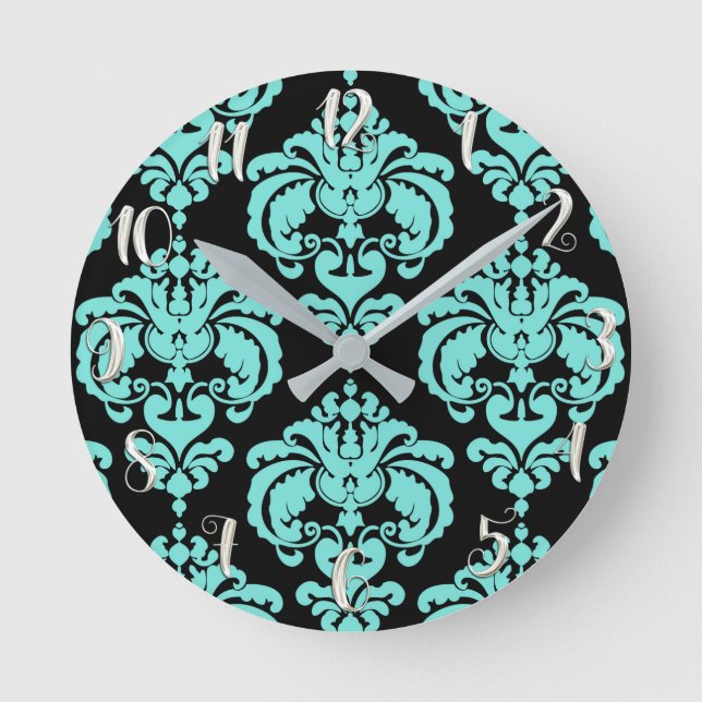Horloge Ronde Turquoise Turquoise & Noir Damas Moderne Personnal (Recto)