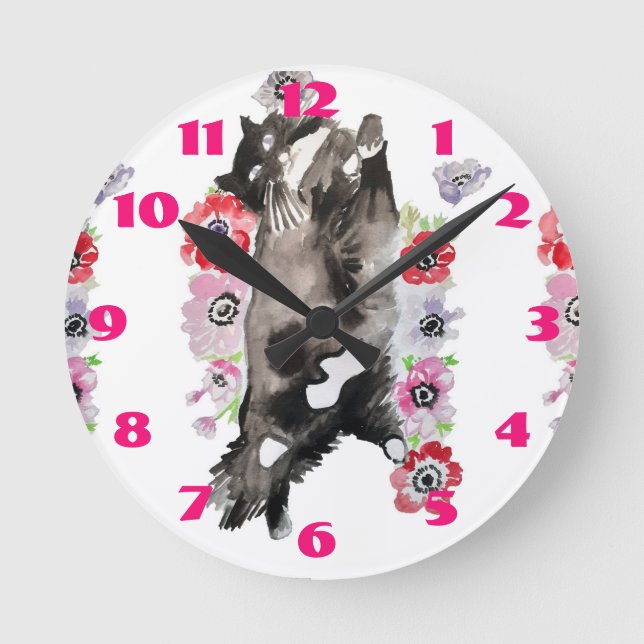 Horloge Ronde Tuxedo Chat Chats Art Animal Enfants Rose (Recto)