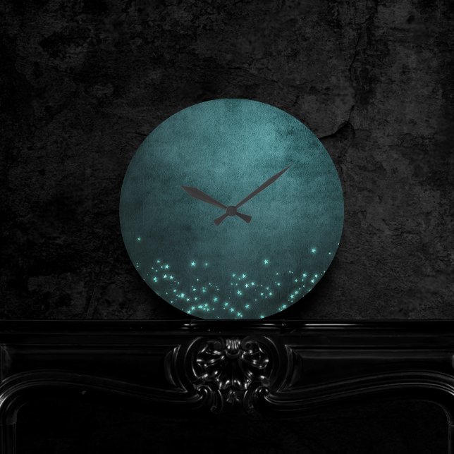 Horloge Ronde Twilight Turquoise | Etoiles de lumière vertes pro (Créateur téléchargé)