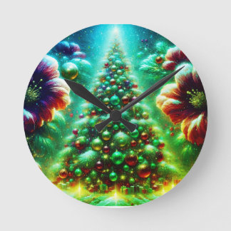 Horloge Ronde Two Brightly Decorated Christmas Trees on a Modern
