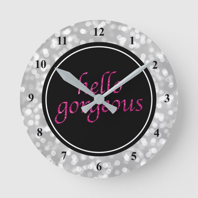 Horloge Ronde Typographie Bonjour magnifique | Silver Bokeh Hot  (Recto)