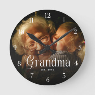 Horloge Ronde Typographie Moderne Grand-mère Cadeau Photo Person