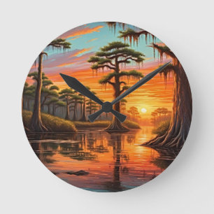 Horloge Ronde Un beau coucher de soleil sur le Bayou