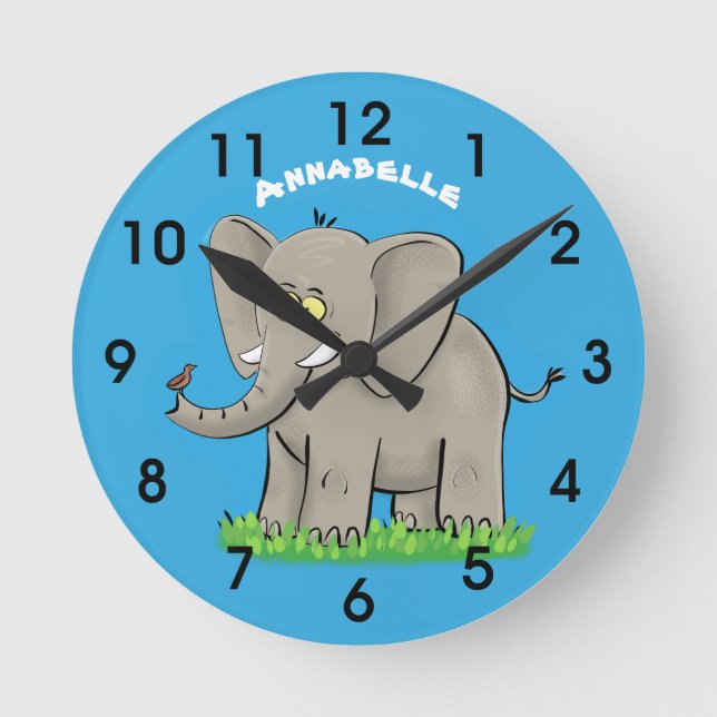 Horloge Ronde Un joli éléphant drôle avec un oiseau sur le tronc (Recto)