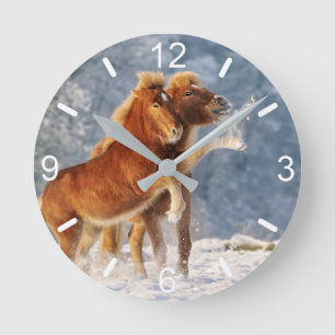 Horloge Ronde Un poulain de cheval islandais jouant dans la neig