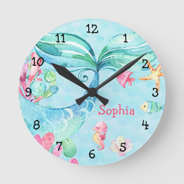 Horloge Ronde Under the Sea Mermaid Teal Pink Girl (Front)