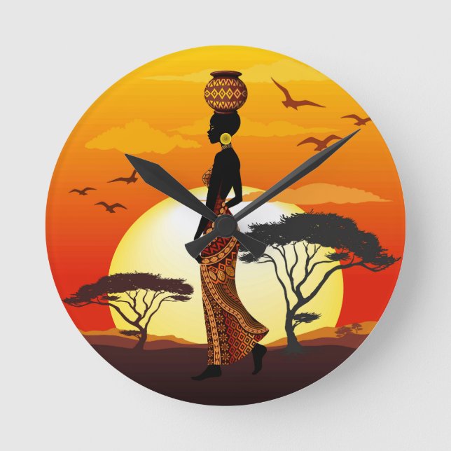 Horloge Ronde Une belle femme africaine Silhouette sur les solei (Recto)